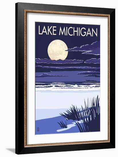 Lake Michigan - Full Moon Night Scene-Lantern Press-Framed Art Print