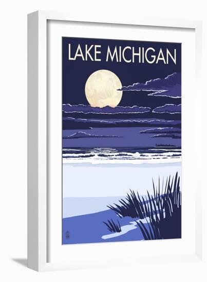 Lake Michigan - Full Moon Night Scene-Lantern Press-Framed Art Print