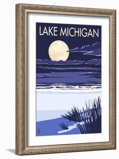 Lake Michigan - Full Moon Night Scene-Lantern Press-Framed Premium Giclee Print