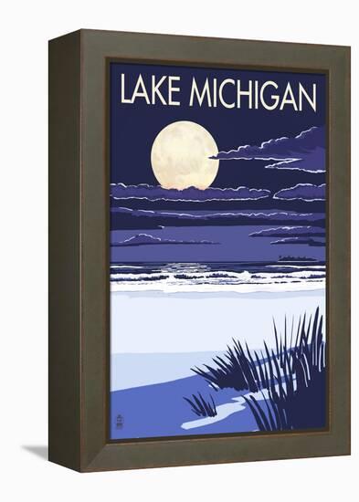 Lake Michigan - Full Moon Night Scene-Lantern Press-Framed Stretched Canvas