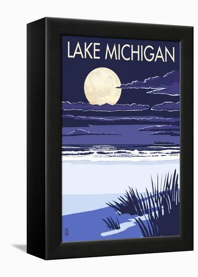 Lake Michigan - Full Moon Night Scene-Lantern Press-Framed Stretched Canvas