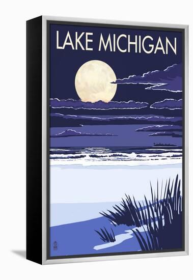 Lake Michigan - Full Moon Night Scene-Lantern Press-Framed Stretched Canvas