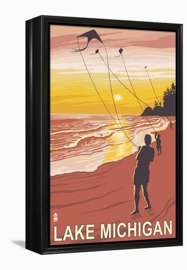 Lake Michigan - Sunset Kite Flyers-Lantern Press-Framed Stretched Canvas