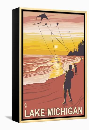 Lake Michigan - Sunset Kite Flyers-Lantern Press-Framed Stretched Canvas