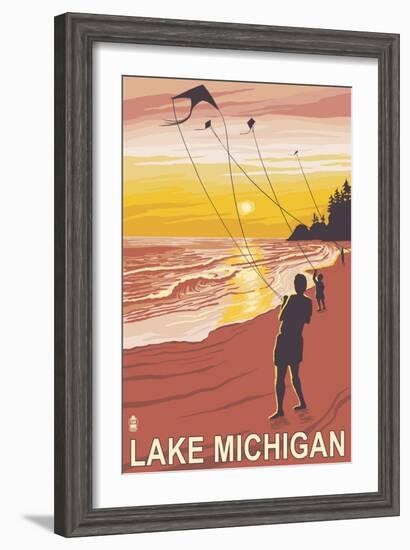 Lake Michigan - Sunset Kite Flyers-Lantern Press-Framed Art Print