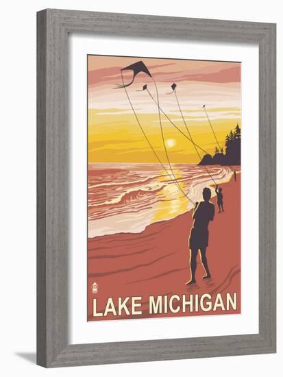 Lake Michigan - Sunset Kite Flyers-Lantern Press-Framed Art Print