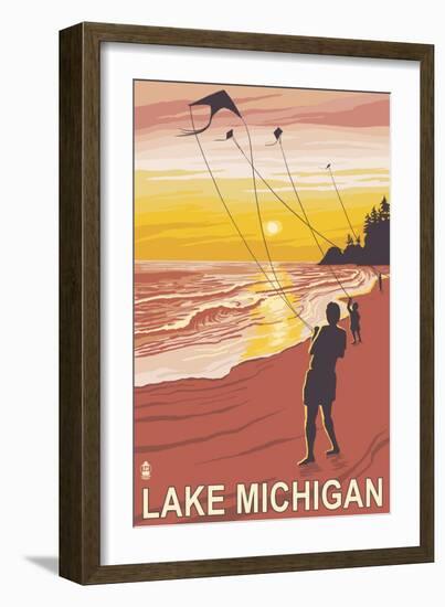 Lake Michigan - Sunset Kite Flyers-Lantern Press-Framed Art Print