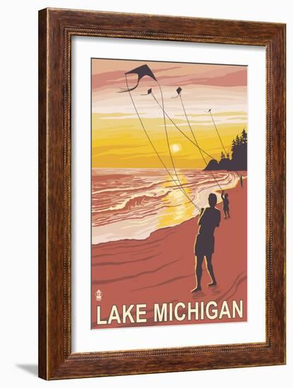 Lake Michigan - Sunset Kite Flyers-Lantern Press-Framed Art Print