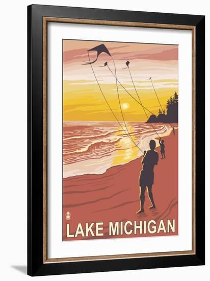 Lake Michigan - Sunset Kite Flyers-Lantern Press-Framed Art Print