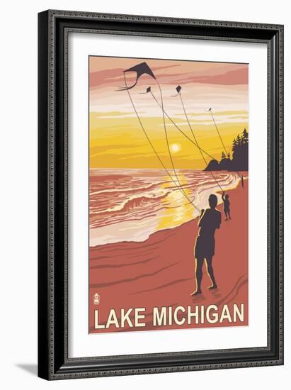 Lake Michigan - Sunset Kite Flyers-Lantern Press-Framed Art Print