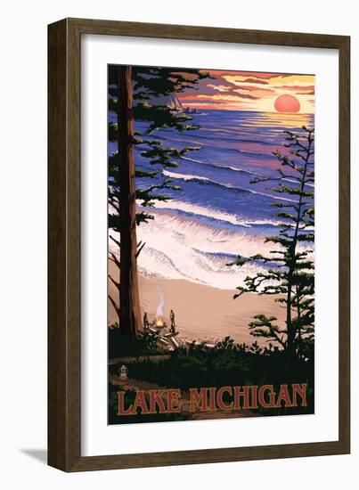 Lake Michigan - Sunset on Beach-Lantern Press-Framed Art Print