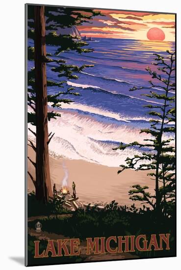 Lake Michigan - Sunset on Beach-Lantern Press-Mounted Art Print