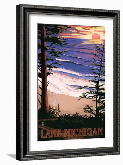 Lake Michigan - Sunset on Beach-Lantern Press-Framed Art Print