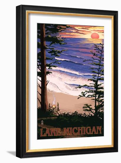 Lake Michigan - Sunset on Beach-Lantern Press-Framed Art Print