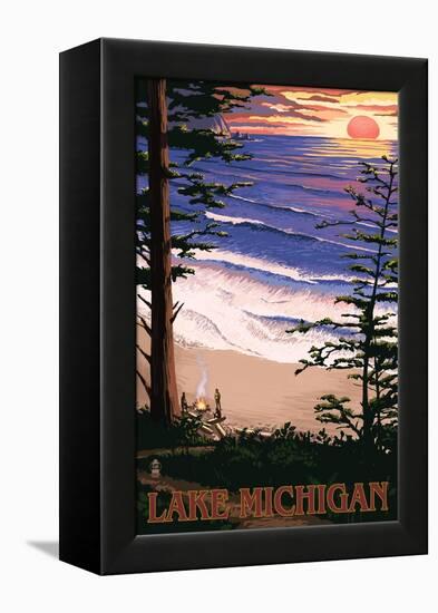 Lake Michigan - Sunset on Beach-Lantern Press-Framed Stretched Canvas