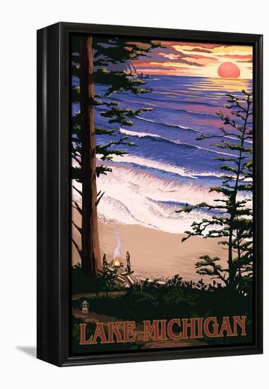 Lake Michigan - Sunset on Beach-Lantern Press-Framed Stretched Canvas