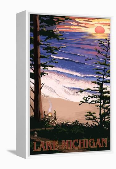 Lake Michigan - Sunset on Beach-Lantern Press-Framed Stretched Canvas