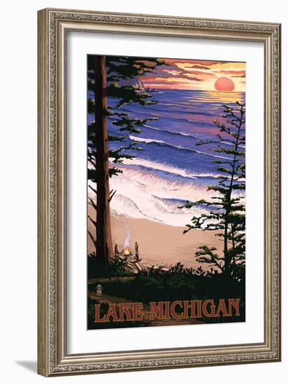 Lake Michigan - Sunset on Beach-Lantern Press-Framed Premium Giclee Print