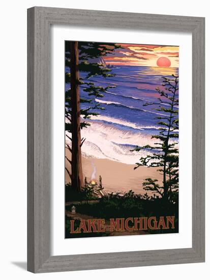 Lake Michigan - Sunset on Beach-Lantern Press-Framed Premium Giclee Print