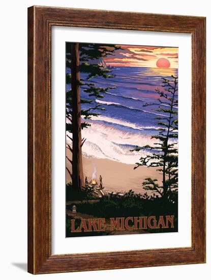 Lake Michigan - Sunset on Beach-Lantern Press-Framed Premium Giclee Print