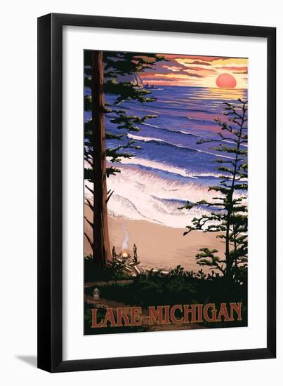 Lake Michigan - Sunset on Beach-Lantern Press-Framed Premium Giclee Print