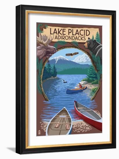 Lake Placid, New York - Adirondacks Canoe Scene-Lantern Press-Framed Art Print