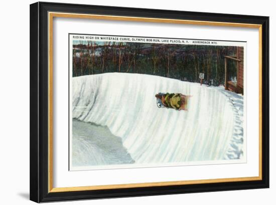 Lake Placid, New York - Riding the Whiteface Curve on the Olympic Bobsled Run-Lantern Press-Framed Premium Giclee Print