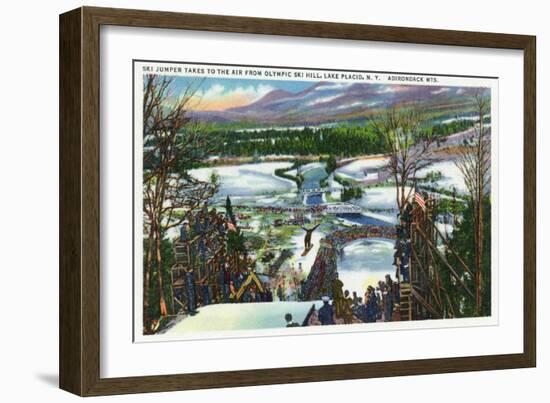 Lake Placid, New York - Ski Jumper Takes off from the Olympic Ski Hill-Lantern Press-Framed Premium Giclee Print