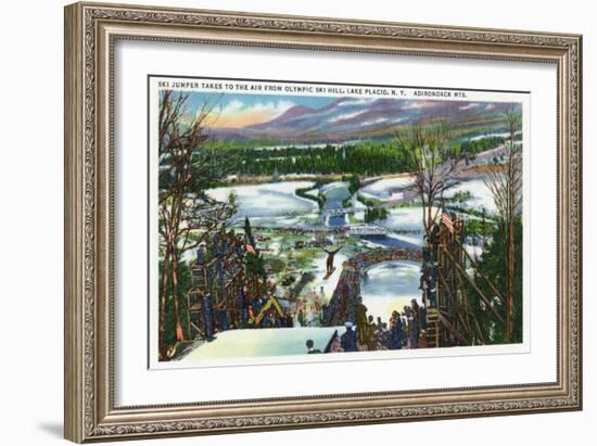 Lake Placid, New York - Ski Jumper Takes off from the Olympic Ski Hill-Lantern Press-Framed Art Print