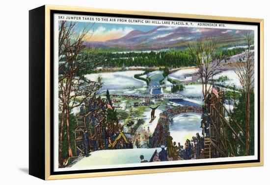 Lake Placid, New York - Ski Jumper Takes off from the Olympic Ski Hill-Lantern Press-Framed Stretched Canvas