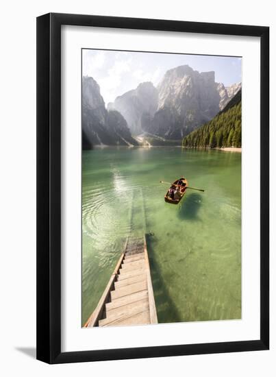 Lake Prags, Prags Dolomites, S Tyrol, Italy: People In Rowing Boat Rowing Out From Rental Station-Axel Brunst-Framed Photographic Print