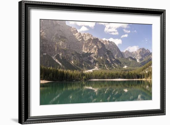 Lake Prags, Prags Dolomites, South Tyrol, Italy: The Mountains And Trees Refelcting On The Lake-Axel Brunst-Framed Photographic Print