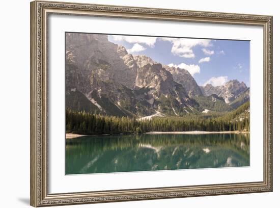 Lake Prags, Prags Dolomites, South Tyrol, Italy: The Mountains And Trees Refelcting On The Lake-Axel Brunst-Framed Photographic Print