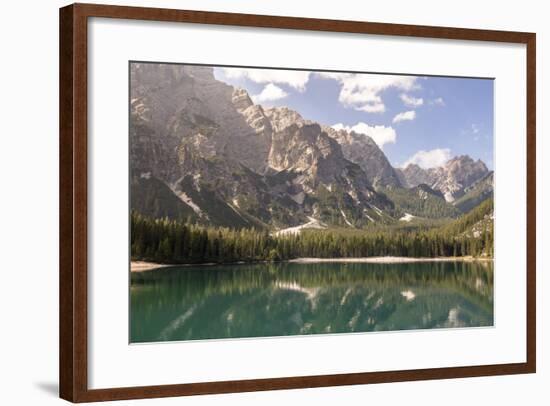Lake Prags, Prags Dolomites, South Tyrol, Italy: The Mountains And Trees Refelcting On The Lake-Axel Brunst-Framed Photographic Print