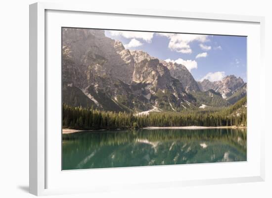 Lake Prags, Prags Dolomites, South Tyrol, Italy: The Mountains And Trees Refelcting On The Lake-Axel Brunst-Framed Photographic Print