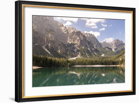 Lake Prags, Prags Dolomites, South Tyrol, Italy: The Mountains And Trees Refelcting On The Lake-Axel Brunst-Framed Photographic Print