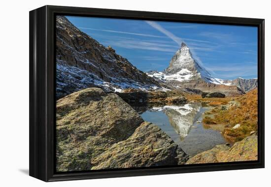 Lake Riffelsee with Matterhorn (4478m), Zermatt, Valais, Swiss Alps, Switzerland-Markus Lange-Framed Premier Image Canvas