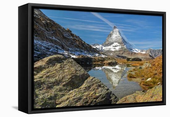 Lake Riffelsee with Matterhorn (4478m), Zermatt, Valais, Swiss Alps, Switzerland-Markus Lange-Framed Premier Image Canvas