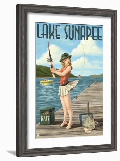 Lake Sunapee, New Hampshire - Pinup Girl Fishing-Lantern Press-Framed Art Print