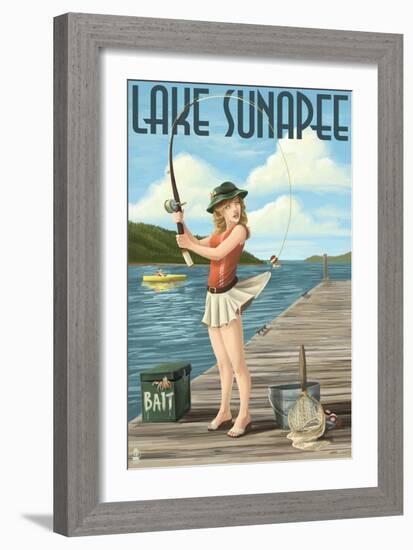 Lake Sunapee, New Hampshire - Pinup Girl Fishing-Lantern Press-Framed Art Print