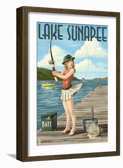 Lake Sunapee, New Hampshire - Pinup Girl Fishing-Lantern Press-Framed Art Print