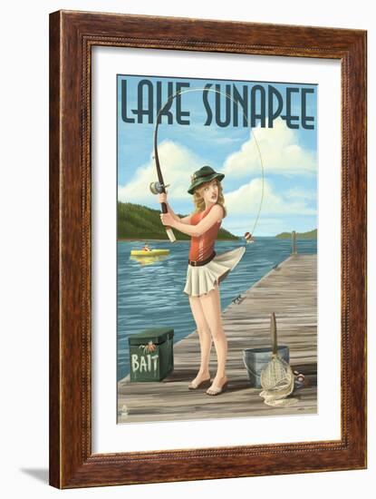 Lake Sunapee, New Hampshire - Pinup Girl Fishing-Lantern Press-Framed Art Print
