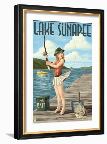 Lake Sunapee, New Hampshire - Pinup Girl Fishing-Lantern Press-Framed Art Print