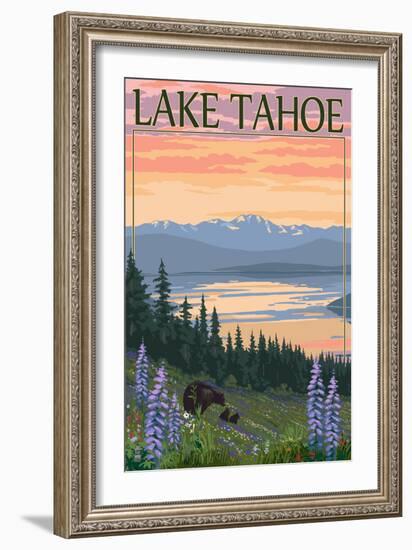 Lake Tahoe - Bear Family and Spring Flowers-Lantern Press-Framed Premium Giclee Print