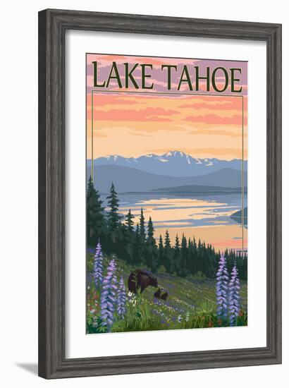 Lake Tahoe - Bear Family and Spring Flowers-Lantern Press-Framed Premium Giclee Print