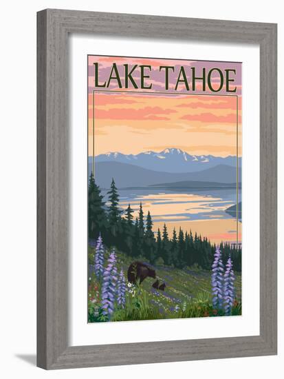 Lake Tahoe - Bear Family and Spring Flowers-Lantern Press-Framed Premium Giclee Print