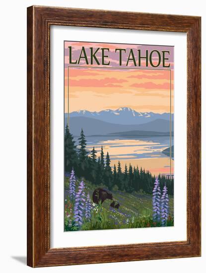 Lake Tahoe - Bear Family and Spring Flowers-Lantern Press-Framed Premium Giclee Print