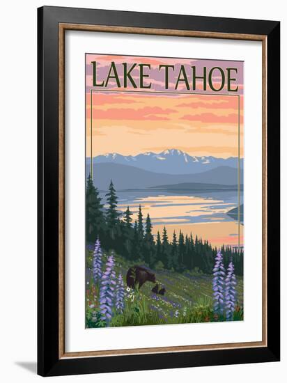 Lake Tahoe - Bear Family and Spring Flowers-Lantern Press-Framed Premium Giclee Print