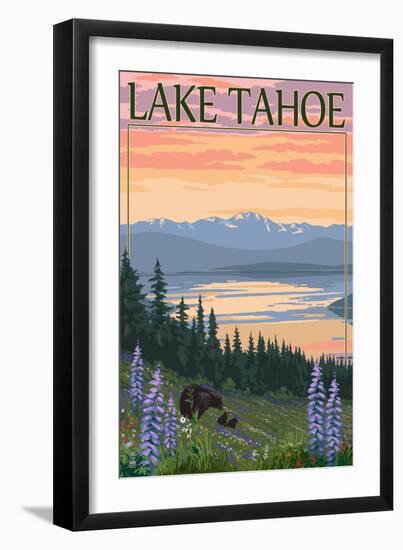 Lake Tahoe - Bear Family and Spring Flowers-Lantern Press-Framed Premium Giclee Print