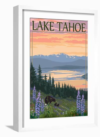 Lake Tahoe - Bear Family and Spring Flowers-Lantern Press-Framed Premium Giclee Print